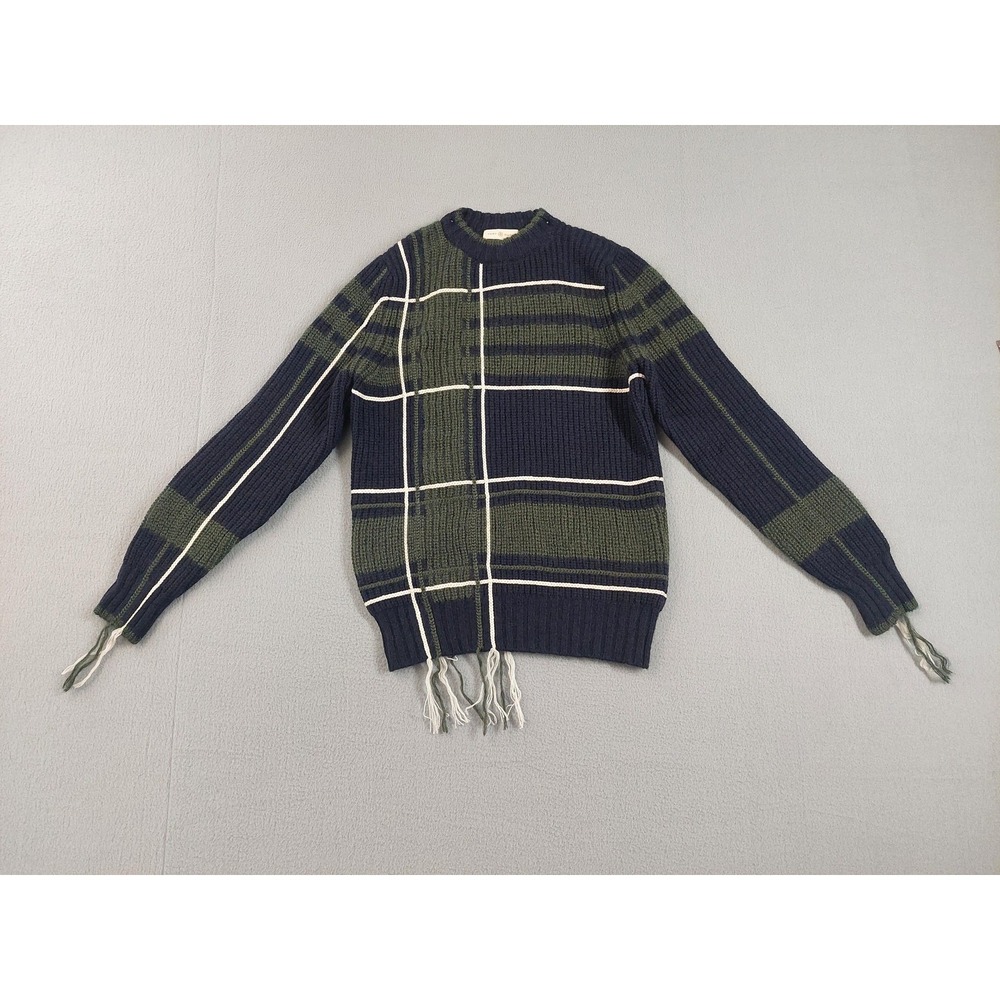 Tory Burch Sweater Womens XS Blue Green Plaid‎ Tassel Hem Chunky Wool Blend Knit
